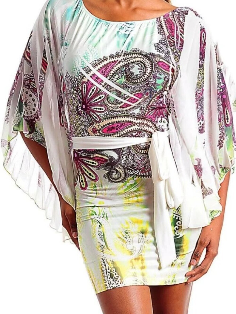 Boho Paisley Print Belted Batwing Sleeves Mini Dress Mint Green